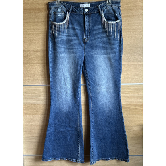 Risen High Rise Wide Leg Jeans Women’s Plus Size 2XL - Metal & Rhinestone Fringe - Picture 1 of 8